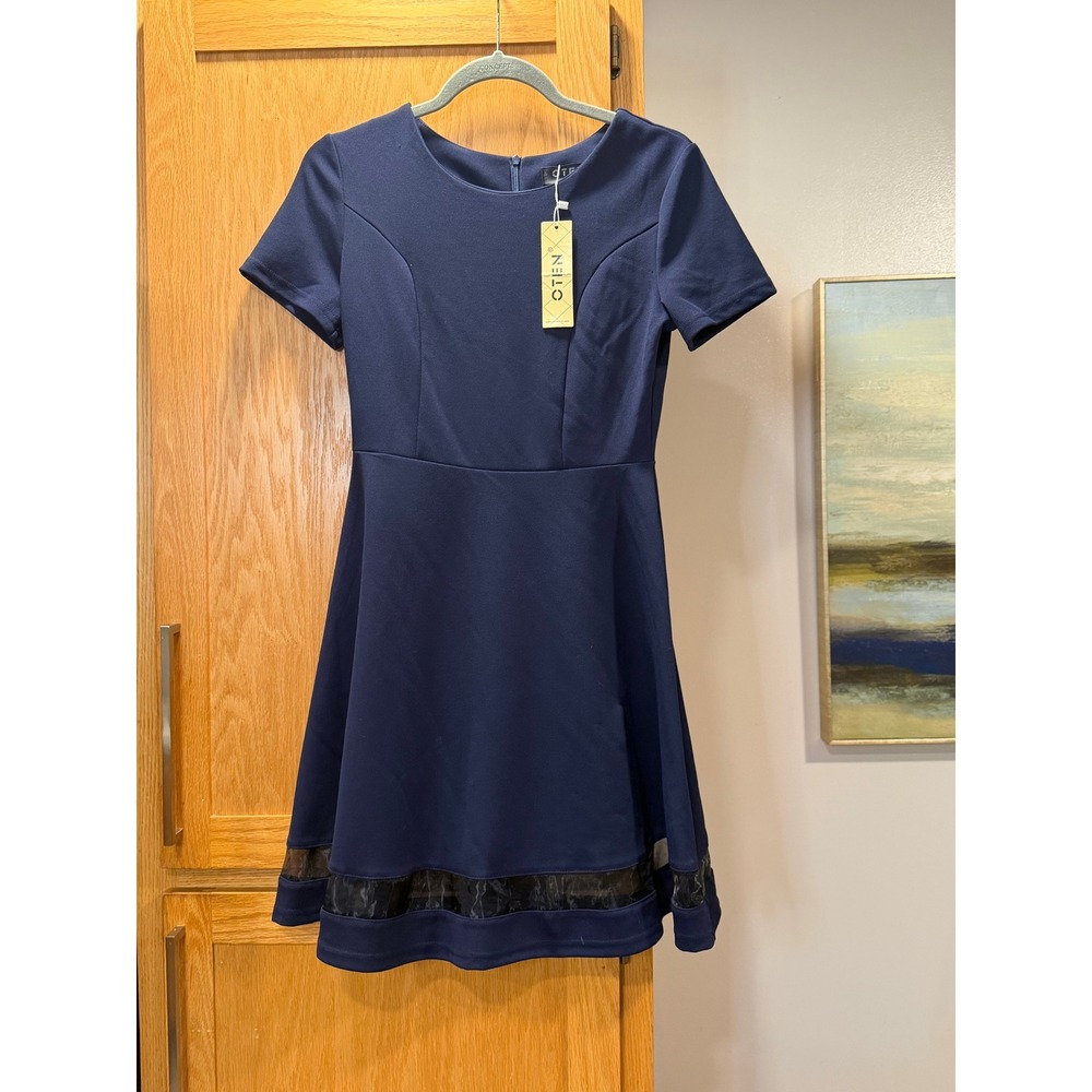 OTEN Womens Navy Blue Short Sleeve Fit and Flare Skater Dress Mesh Hem Small